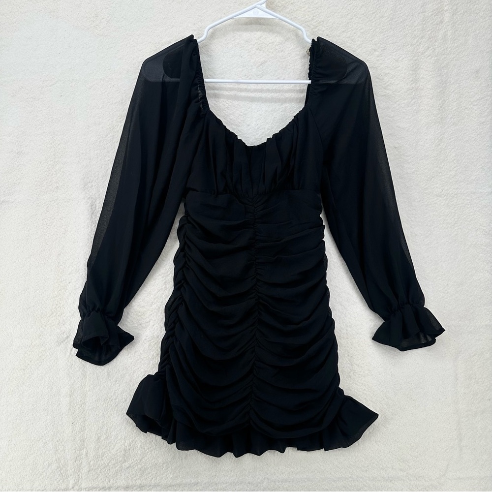 Blush BJ Black Ruched Coquette Long Sleeve Mini Dress